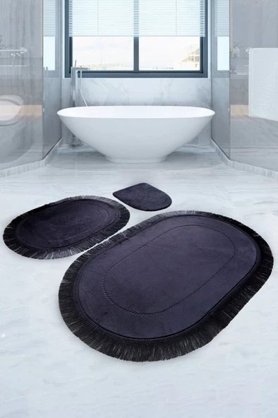 Bonny Home Pera Siyah 3'lü Banyo Paspası Seti Kaymaz Tabanlı Saçaklı Püsküllü Klozet Takımı ürün görseli 1