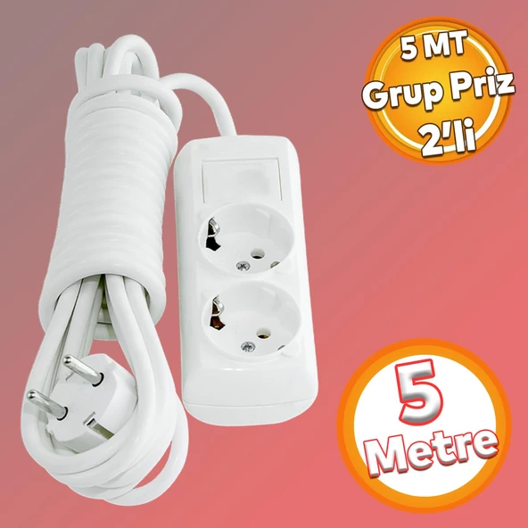Kablolu 2'li Topraklı Grup Priz Fiş Çoğaltıcı 5 Metre Çoklu Asmalı Uzatma Kablosu Anahtarsız ürün görseli 1