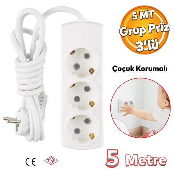 Çoklu Uzatma Kablosu Çoçuk Korumalı Kablolu 3'lü Topraklı Grup Priz Çoğaltıcı 5 Metre Anahtarsız ürün görseli 1