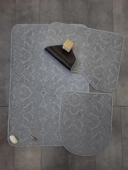 Bonny Home Ultrasoft Desenli 3lü Gri Klozet Takımı Banyo Halısı Paspası Seti ürün görseli 1