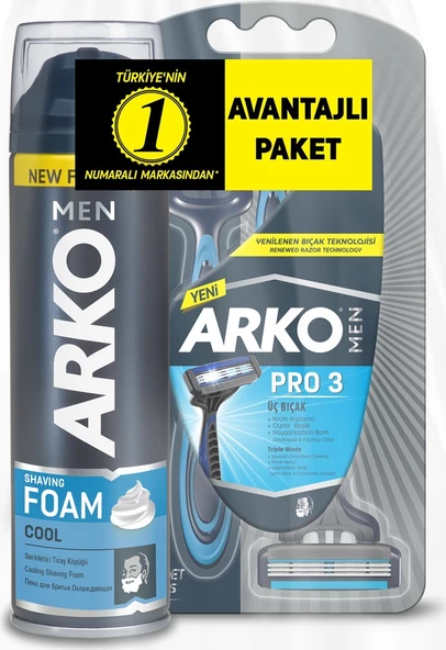 Arko Men T3 Pro 3 Bıçaklı Tıraş Bıçağı 3'lü & Cool Tıraş Köpüğü 200 ml Avantaj Paketi ürün görseli 1