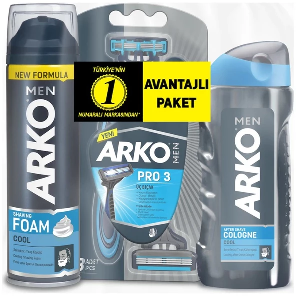 Arko Men T3 Pro 3 Bıçaklı Tıraş Bıçağı 3'lü & Cool Tıraş Köpüğü 200 ml  Cool Tıraş Kolonyası 250 ml ürün görseli 1