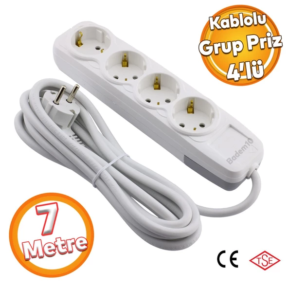 Kablolu 4'lü Topraklı Grup Priz Fiş Çoğaltıcı 7 Metre Çoklu Uzatma Kablosu Anahtarsız ürün görseli 1