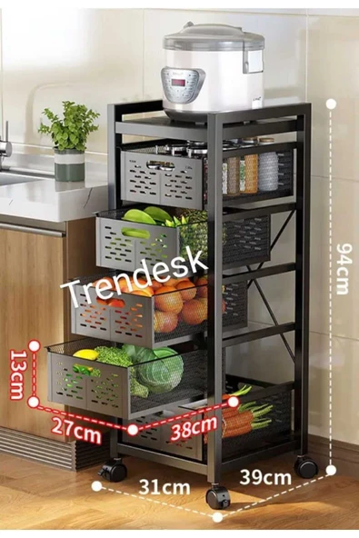 TRENDESK 5 Katlı Metal Siyah Çok Amaçlı Patates Soğan Sebze Meyve Sepeti Sebzelik Tekerlekli ürün görseli 1