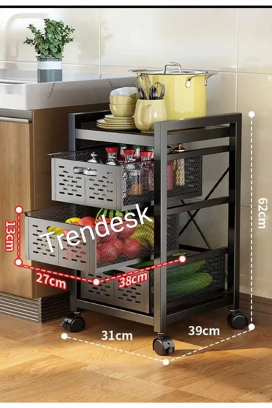 TRENDESK 3 Katlı Metal Siyah Çok Amaçlı Patates Soğan Sebze Meyve Sepeti Sebzelik Tekerlekli ürün görseli 1