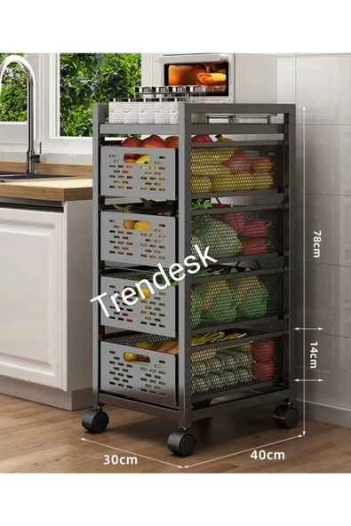 TRENDESK 4  Katlı Metal Siyah Çok Amaçlı Patates Soğan Sebze Meyve Sepeti Sebzelik Tekerlekli ürün görseli 1
