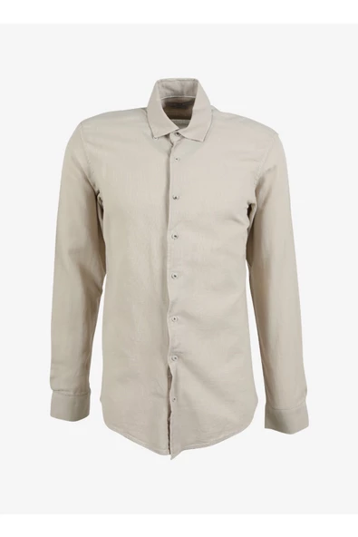 Slim Fit Düğmeli Yaka Düz Bej Erkek Gömlek Gm1008400239 ürün görseli 1