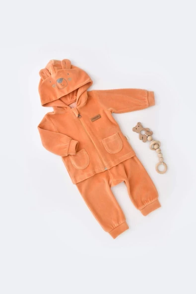 Bebek Kapüşonlu Kadife Pantolon ve Uzun Kollu Ceket Takımı, %80 Organik Pamuk & %20 Polyester, Bebek ve Yenidoğan Serisi - CSYK6017 ürün görseli 1