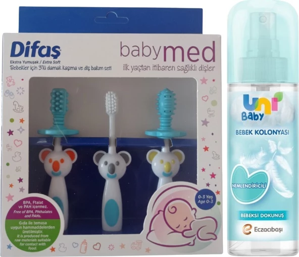 Uni Baby Bebek Kolonyası Bebeksi Dokunuş 150 ml + Difaş Bebekler Için 3'lü Damak Kaşıma  Seti Mavi ürün görseli 1