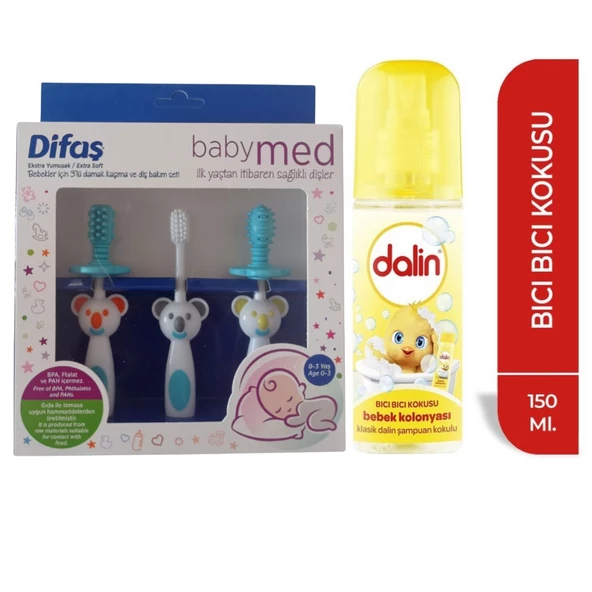 Difaş Bebekler İçin 3'Lü Damak Kaşıma ve Diş Bakım Seti Mavi + Dalin Bebek Kolonyası Bıcı Bıcı Kokul ürün görseli 1