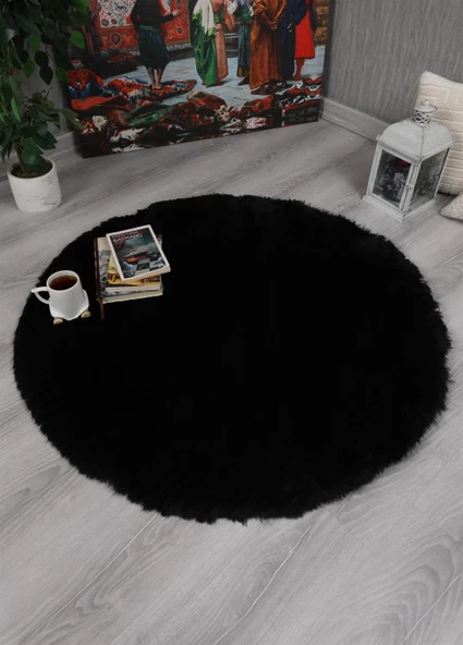 Dekoratif Tavşan Tüyü Ultra Yumuşak Peluş Yuvarlak Halı Siyah ürün görseli 1