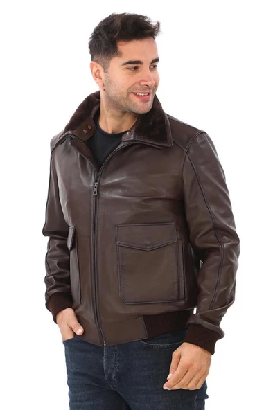 Yakası Peluşlu Model Deri Mont Fındık Renk ürün görseli 1
