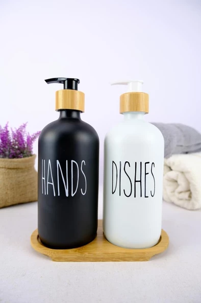 Digithome 2’li Ahşap Standlı Cam Sıvı Sabun ve Bulaşık Deterjanı Şişesi Sabunluk 500 Ml - E/6 C1-1-289 ürün görseli 1