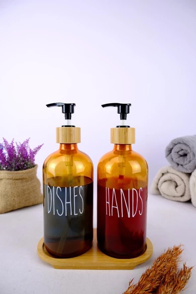Digithome 2’li Ahşap Standlı Cam Sıvı Sabun ve Bulaşık Deterjanı Şişesi Sabunluk Amber 500 Ml - D/11 C1-1-289 ürün görseli 1