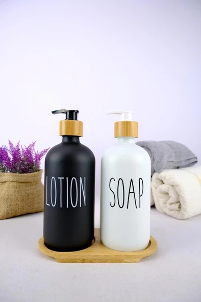 Digithome 2’li Ahşap Standlı Cam Sıvı Sabun ve Losyon Şişesi Sabunluk 500 Ml - E/6 C1-1-289 ürün görseli 1