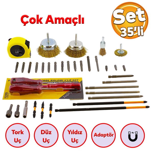 Tornavida Matkap Bits Uç Vidalama Ucu Düz Yıldız Torx Adaptör Metre Çanak Telli Fırça 35 Parça Set ürün görseli 1