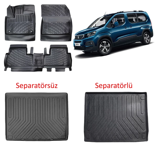 Rizline Peugeot Rifter 2019+ 3D Havuzlu Paspas ve Bagaj Havuzu Siyah ürün görseli 1