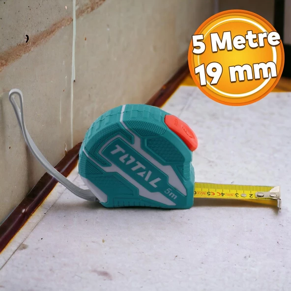 Total Stoplu Metal Metre 5 m x 19 mm Şerit Metre Sarı Renk Düğmeli Ölçüm Ölçme Bükülebilir ürün görseli 1
