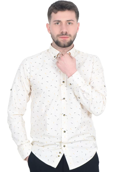 Cengiz İnler Standart Yaka Puantiye Dal Desen Slim Fit Erkek Pamuk Gömlek ürün görseli 1