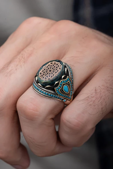 Mavi Taşlı Desenli 925 Gümüş Erkek Yüzük ürün görseli 1
