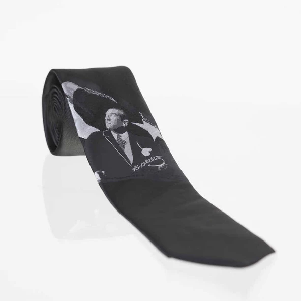 Atatürk ve İmza Desenli Dokuma Siyah Kravat - AK-23 ürün görseli 1