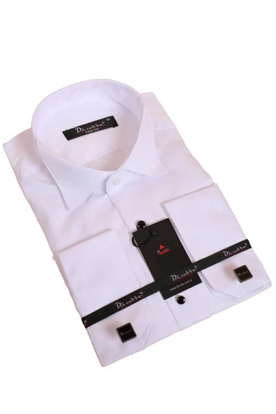 Beyaz Siyah Taş Düğmeli Damatlık Ata Yaka Kol Düğmeli Slim Fit Smokin Gömlek - 006 ürün görseli 1