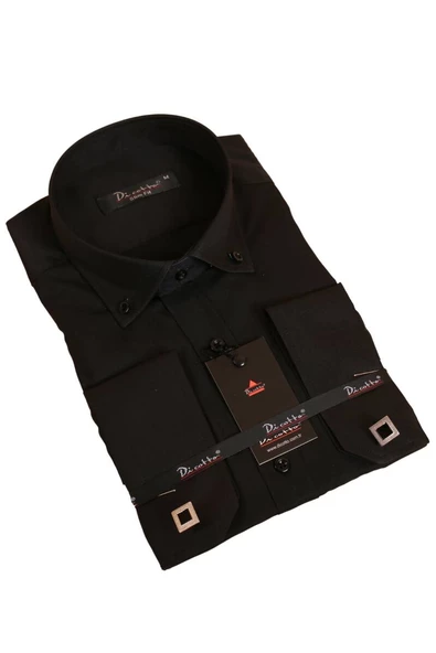 Siyah Düğmeli Yaka ve Zincirli Uzun Kol Dar Kesim Micro Kumaş Kol Düğmeli Slim Fit Erkek Gömlek - 198-6 ürün görseli 1