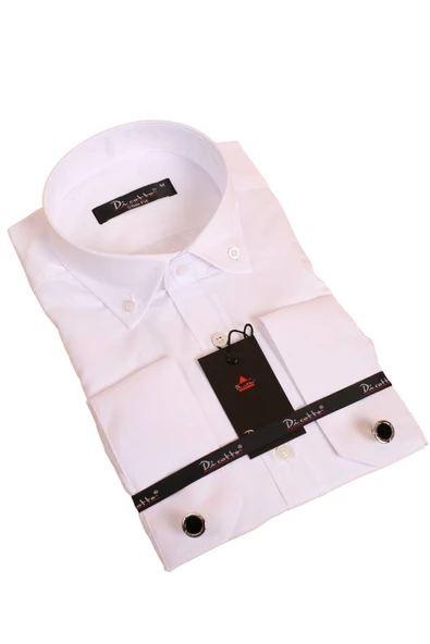 Beyaz Düğmeli Yaka ve Zincirli Uzun Kol Dar Kesim Micro Kumaş Kol Düğmeli Slim Fit Erkek Gömlek - 198-1 ürün görseli 1