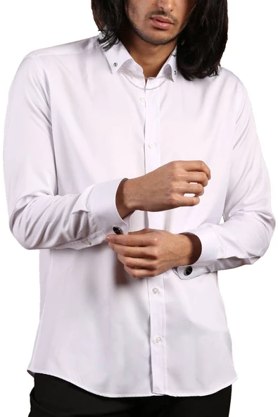 Beyaz Düğmeli Yaka ve Zincirli Uzun Kol Dar Kesim Micro Kumaş Kol Düğmeli Slim Fit Erkek Gömlek - 198-1 ürün görseli 1