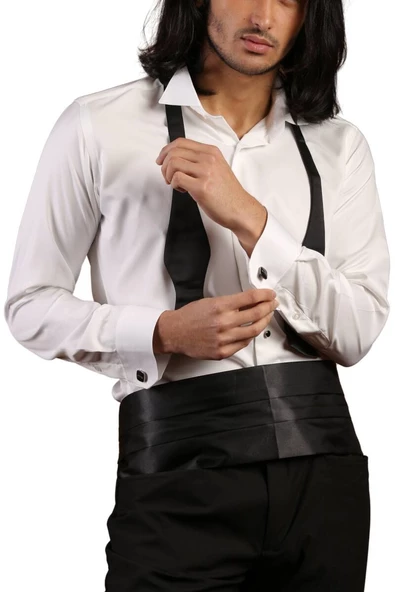 Krem Siyah Taş Düğmeli Damatlık Ata Yaka Kol Düğmeli Slim Fit Smokin Gömlek - 007 ürün görseli 1