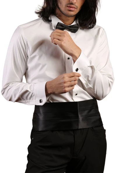 Krem Yakma Desenli Siyah Taş Düğmeli Damatlık Ata Yaka Kol Düğmeli Slim Fit Smokin Gömlek - 023 ürün görseli 1