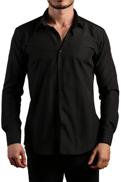 Siyah Dar Kesim Slim Fit Uzun Kol Düz Renk Erkek Gömlek  - 151-20 ürün görseli 1