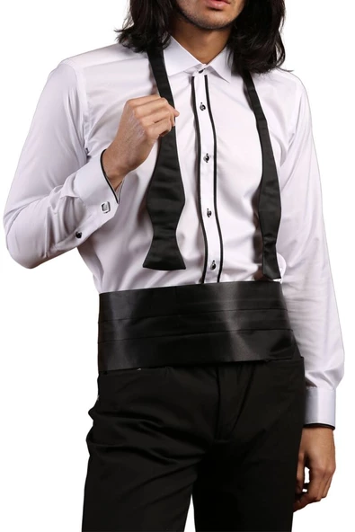 Beyaz Siyah Çift Bieli Damatlık Ata Yaka Kol Düğmeli Slim Fit Smokin Gömlek - 003 ürün görseli 1