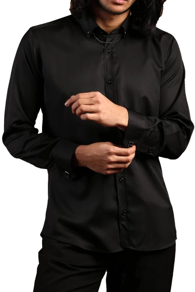 Siyah Düğmeli Yaka ve Zincirli Uzun Kol Dar Kesim Micro Kumaş Kol Düğmeli Slim Fit Erkek Gömlek - 198-6 ürün görseli 1