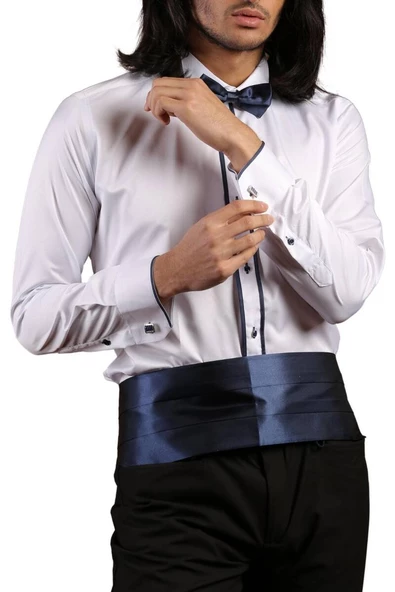 Beyaz Lacivert Çift Bieli Damatlık Ata Yaka Kol Düğmeli Slim Fit Smokin Gömlek - 011 ürün görseli 1