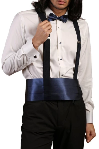 Krem Lacivert Taş Düğmeli Damatlık Ata Yaka Kol Düğmeli Slim Fit Smokin Gömlek - 009 ürün görseli 1