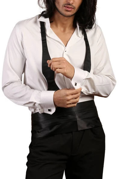 Krem Ekstra Uzun Kol 8 Drop Damatlık Ata Yaka Kol Düğmeli Slim Fit Smokin Gömlek - 014 ürün görseli 1