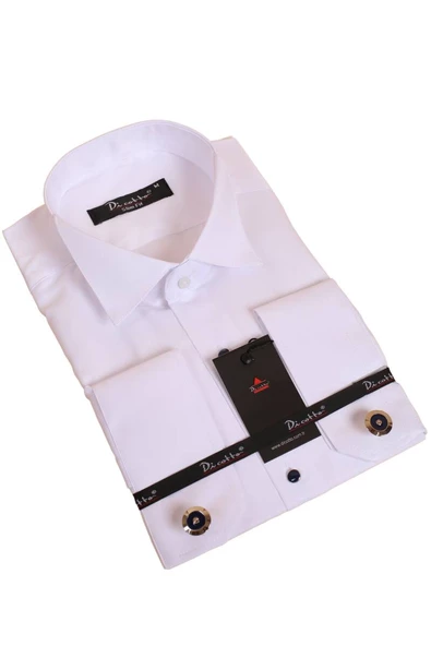 Beyaz Lacivert Taş Düğmeli Damatlık Ata Yaka Kol Düğmeli Slim Fit Smokin Gömlek - 008 ürün görseli 1