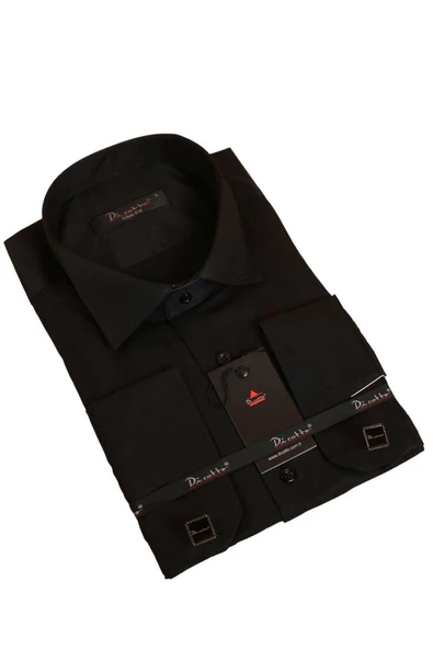 Siyah Düz Damatlık Ata Yaka Kol Düğmeli Slim Fit Smokin Gömlek - 010 ürün görseli 1