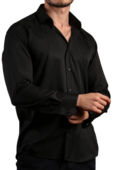 Siyah Rahat Kesim Micro Kumaş Kol Düğmeli Regular Fit Erkek Gömlek - 190-6 ürün görseli 1