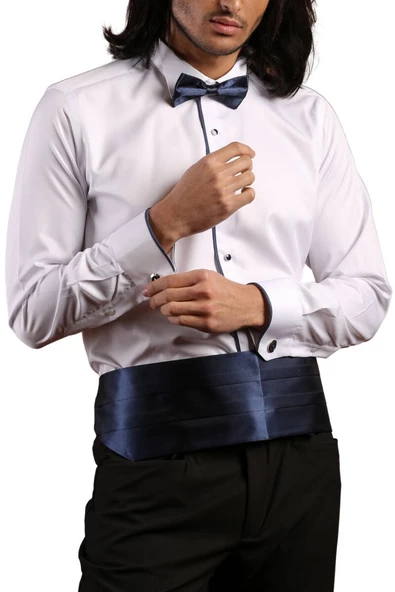 Beyaz Lacivert Tek Bieli Damatlık Ata Yaka Kol Düğmeli Slim Fit Smokin Gömlek - 028 ürün görseli 1