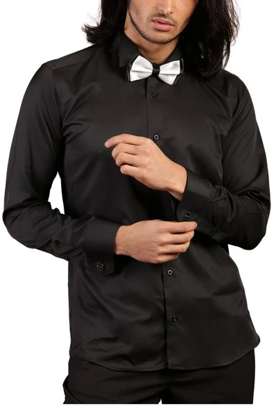 Siyah Düz Damatlık Ata Yaka Kol Düğmeli Slim Fit Smokin Gömlek - 010 ürün görseli 1