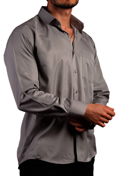 Koyu Gri Rahat Kesim Micro Kumaş Kol Düğmeli Regular Fit Erkek Gömlek - 190-7 ürün görseli 1