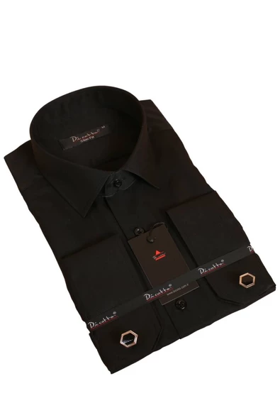 Siyah Dar Kesim Micro Kumaş Kol Düğmeli Slim Fit Erkek Gömlek - 201-6 ürün görseli 1