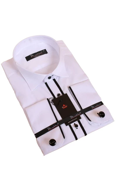 Beyaz Siyah Çift Bieli Damatlık Ata Yaka Kol Düğmeli Slim Fit Smokin Gömlek - 003 ürün görseli 1