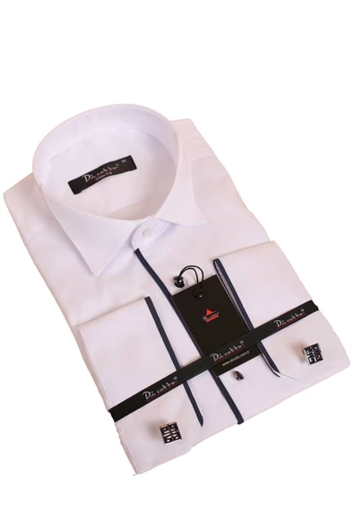 Beyaz Lacivert Tek Bieli Damatlık Ata Yaka Kol Düğmeli Slim Fit Smokin Gömlek - 028 ürün görseli 1