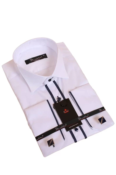 Beyaz Lacivert Çift Bieli Damatlık Ata Yaka Kol Düğmeli Slim Fit Smokin Gömlek - 011 ürün görseli 1