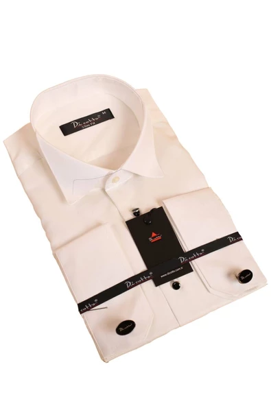 Krem Siyah Taş Düğmeli Damatlık Ata Yaka Kol Düğmeli Slim Fit Smokin Gömlek - 007 ürün görseli 1