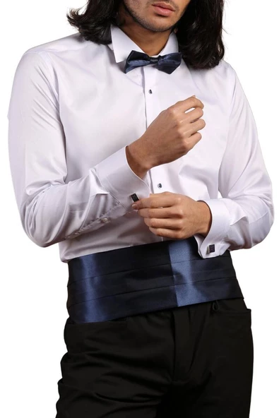 Beyaz Lacivert Taş Düğmeli Damatlık Ata Yaka Kol Düğmeli Slim Fit Smokin Gömlek - 008 ürün görseli 1