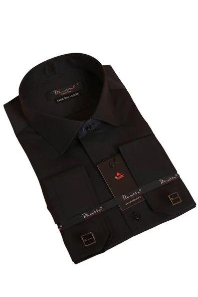 Siyah Ekstra Dar Kesim Likralı Esnek Micro Kumaş Kol Düğmeli Slim Fit Erkek Gömlek - 195-6 ürün görseli 1